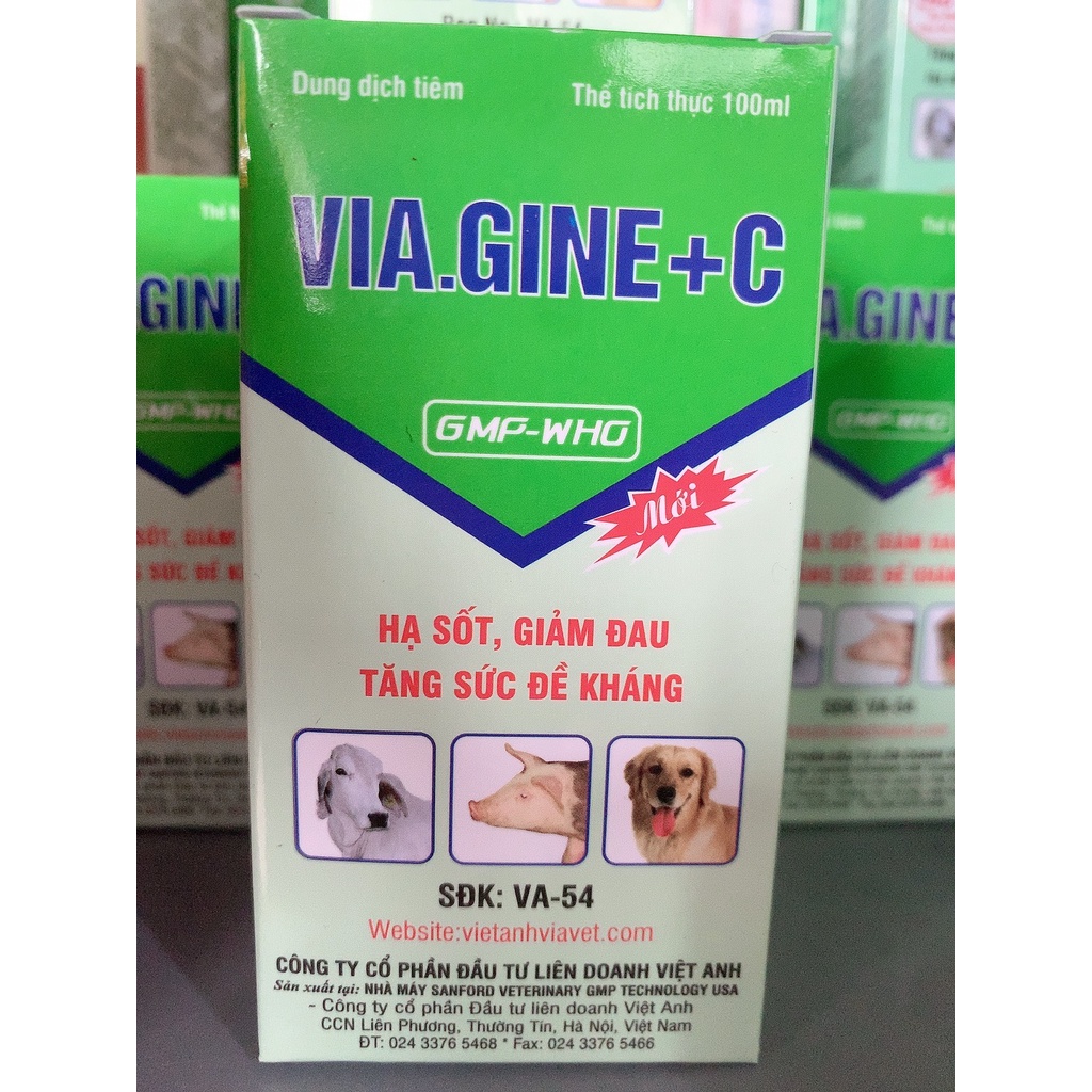 Hỗ trợ vật nuôi VIA GINE + C 100ml hạ sốt, giảm đau, tăng đề kháng vật nuôi. Anagin 25% + Vitamin C 2,5%