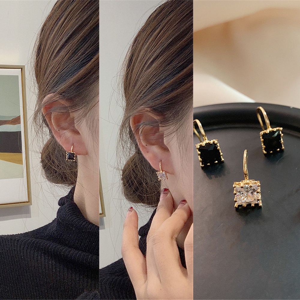 Đôi bông tai hình vuông đính đá vuông màu trắng đen thời trang cho nữ