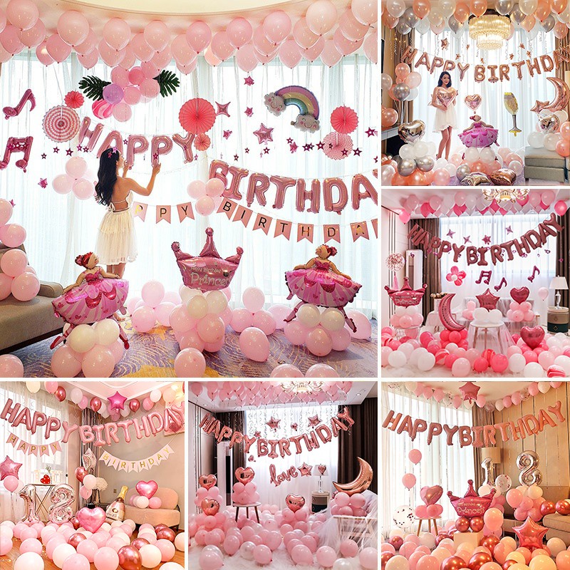 SET bóng sinh nhật cho bé gái, bạn gái tông màu hồng đầy đủ phụ kiện trang trí tại nhà