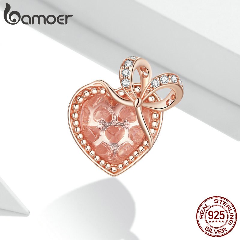 Hạt charm Bamoer BSC398 Bạc 925 hình trái tim đính đá làm phụ kiện trang sức cho nữ