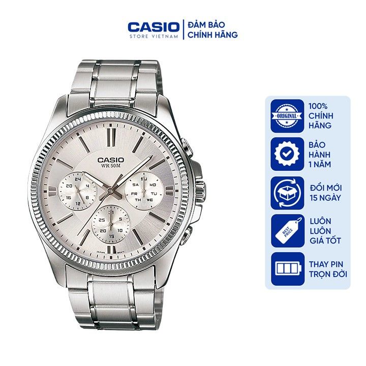 Đồng hồ Nam Casio MTP-1375D-7AV, đồng hồ chính hãng, dây bạc mặt trắng