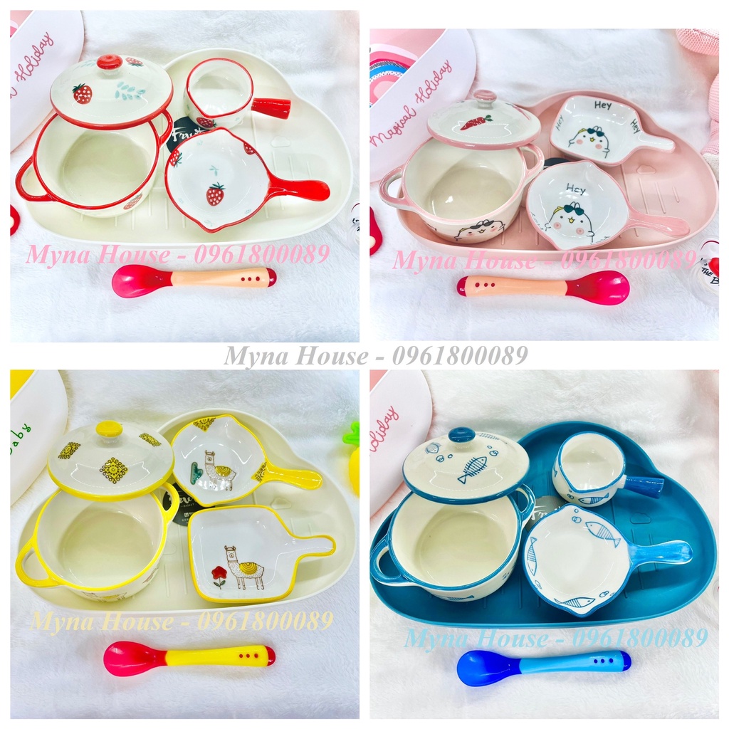 Combo 5 món khay ,thìa , bát sứ ăn dặm cho bé siêu cute họa tiết - nhiều mẫu