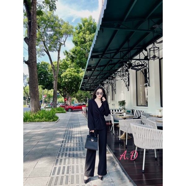 Set Đồ Nữ Áo Sơ Mi Xoắn Eo Dáng Dài Chất Đũi Phối Quần Dài Ống Rộng Cùng Tone alohashop91