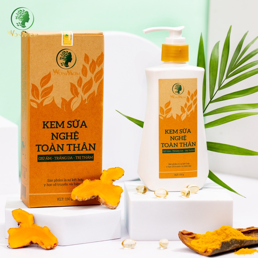 Bộ trắng da mặt và body toàn diện Wonmom ( Serum vitamin C + Kem nghệ tươi + Kem sữa nghệ toàn thân + Scrub café body )