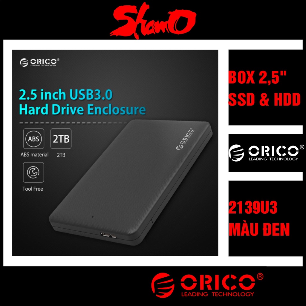 Box ổ cứng 2.5” Orico 2577U3 – Màu đen – Chính hãng – Dùng cho SSD và HDD size 2.5 inch – Bảo hành 12 tháng