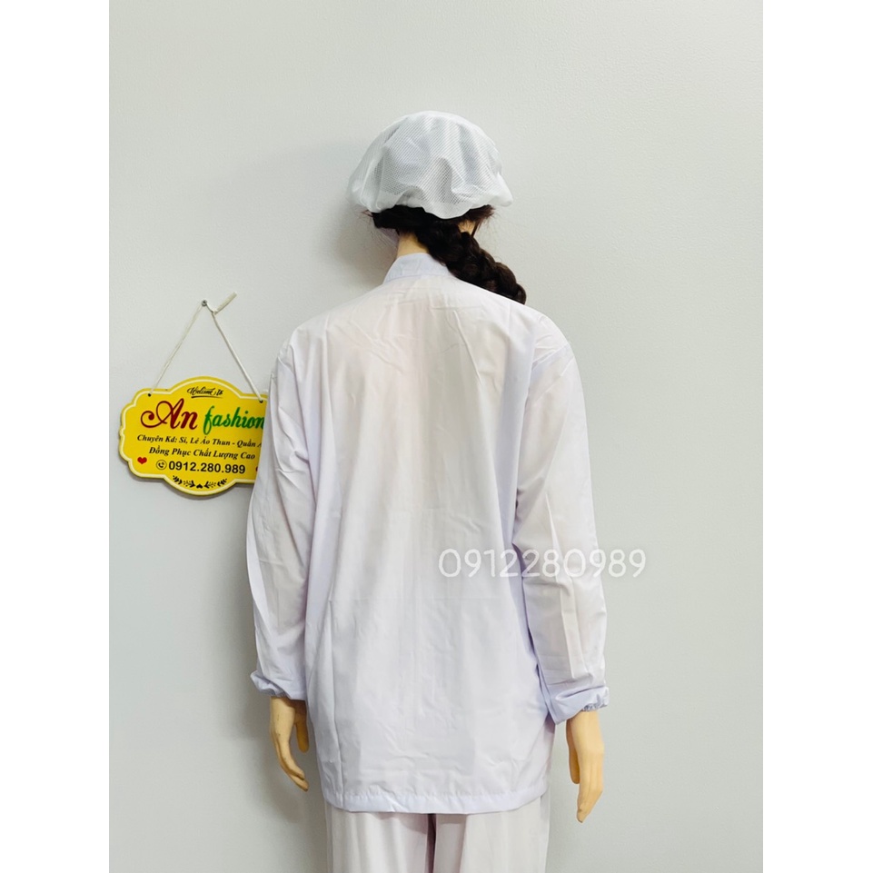 Đồng phục ngành thực phẩm, thủy sản vải silk mịn mát màu trắng dài tay _ Hình chụp thật
