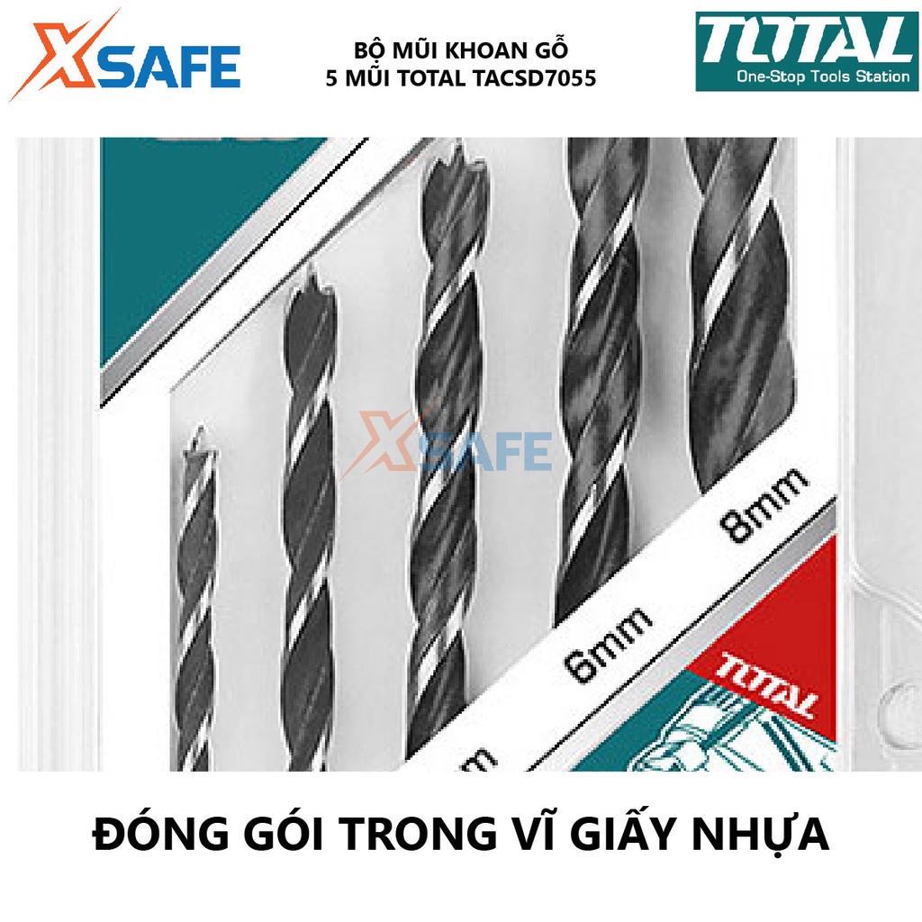 Bộ mũi khoan gỗ 5 chi tiết TOTAL TACSD7055 Combo 5 mũi khoan gỗ size 3X61, 4X75, 5X86, 6X93, 8X117 - Chính hãng