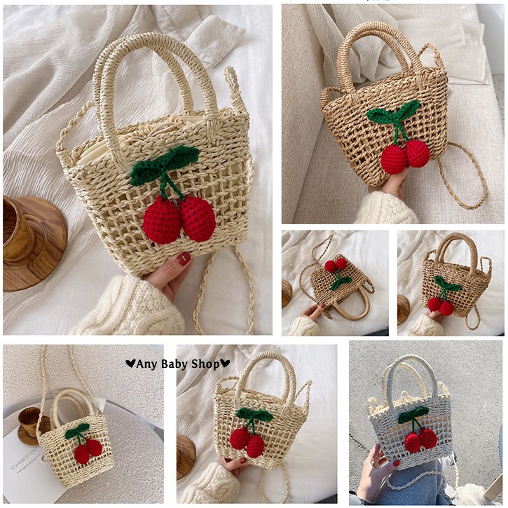 Túi cói đi chơi,đi biển đeo chéo-có quai xách hình cherry 2 màu cực xinh (hàng có sẵn)   ❣❣