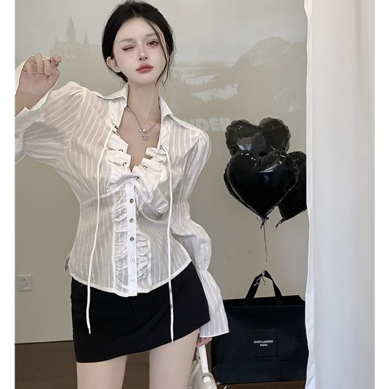 Áo Sơ Mi Tay Dài Cổ Chữ V Phối Dây Rút Thời Trang Dành Cho Nữ