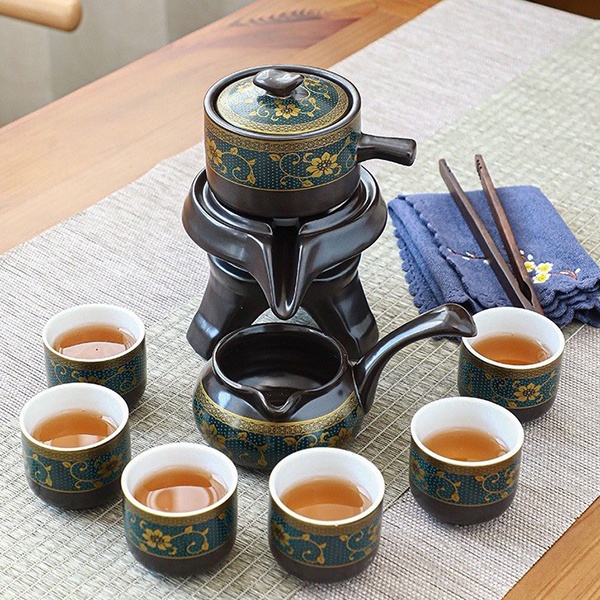 Bộ ấm chén pha trà cối xay hoa văn- 1 ấm trà, 6 chén,1 cối xay