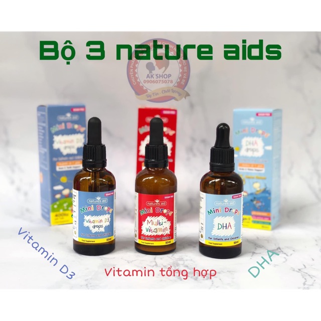 Bộ 3 sản phẩm nature aids: dha drop, multi vitamin, vitamin d3 hàng chính hãng