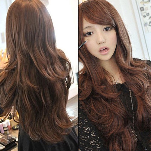 Bộ tóc giả dài uốn gợn kèm mái xéo thời trang cho nữ