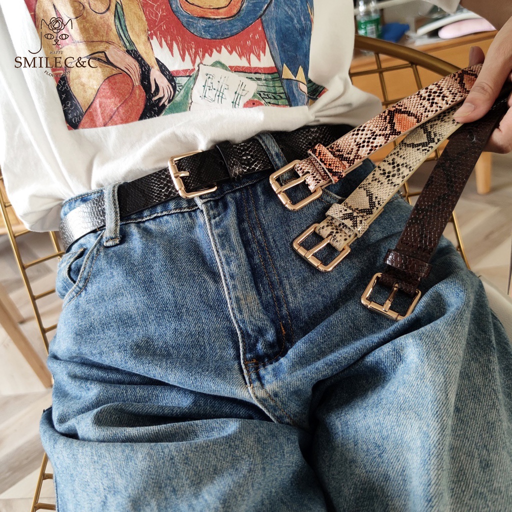 SmileFairyCC【COD &amp; Hàng Có Sẵn】Thắt Lưng Da PU Mỏng Họa Tiết Da Rắn Thời Trang Thường Ngày Cho Nữ