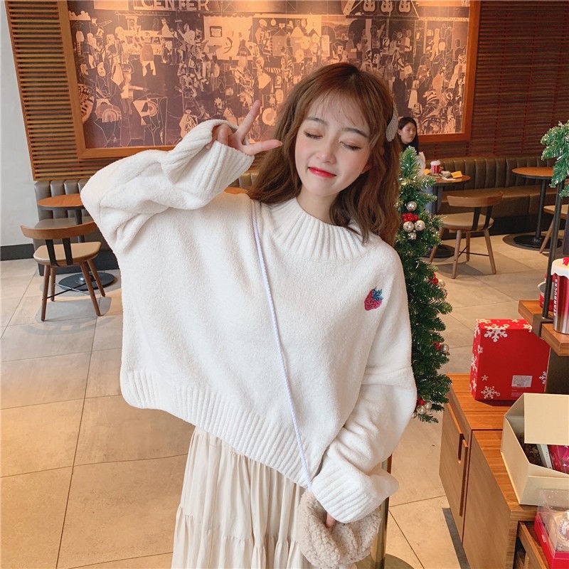 Áo sweater dệt kim dáng rộng in hình trái cây dễ thương cho nữ