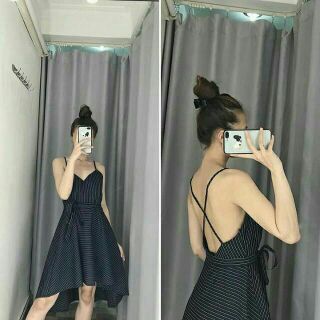 Đầm maxi sọc hở lưng cột nơ eo ulzzang