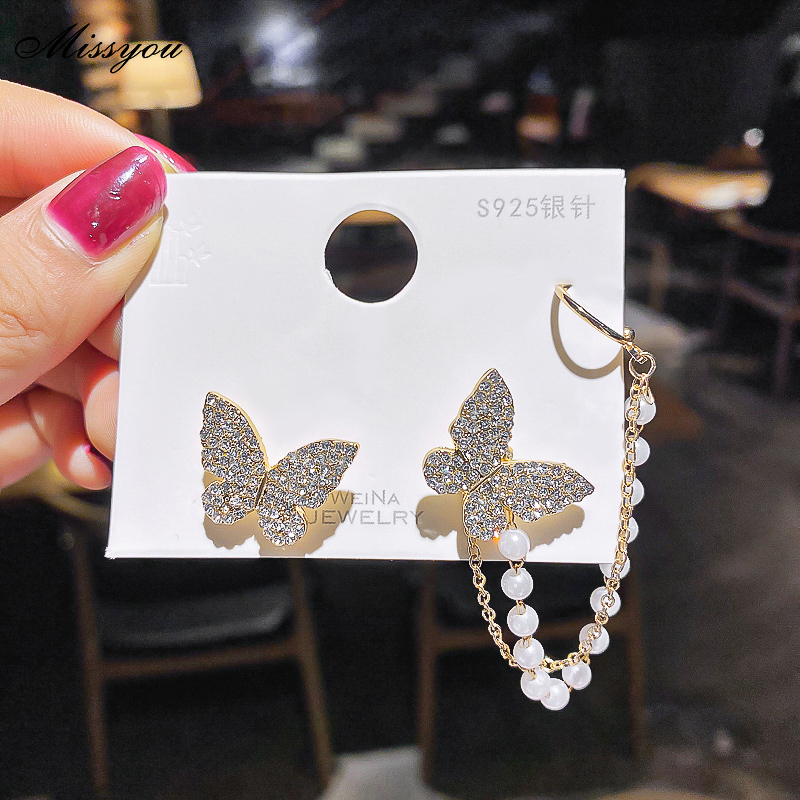 Bông Tai 925 Dáng Dài Hình Bướm Đính Đá Lấp Lánh Phong Cách Hàn Quốc Cho Nữ