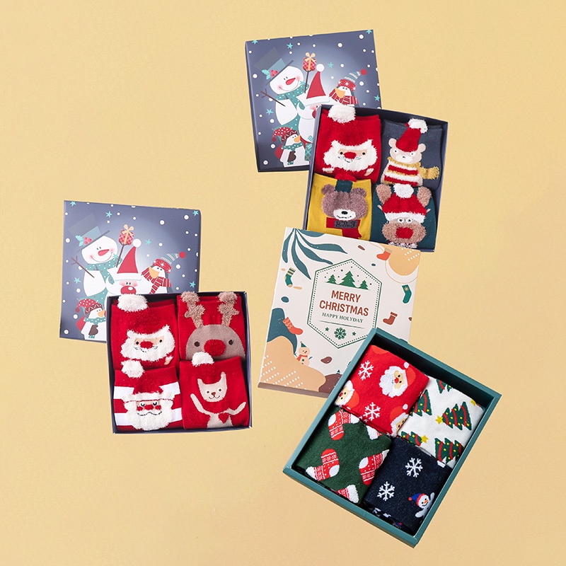 4 Pairs/Box Girls Cartoon Christmas Socks Cute Middle Tube Socks for Xmas Party Holiday Funny Women Santa Claus Cotton Warm Socks