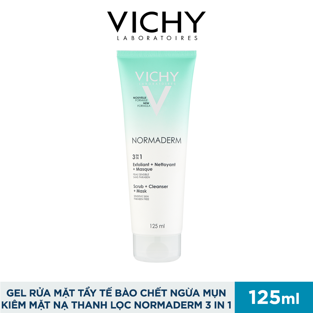 Kem Rửa Mặt Tẩy Tế Bào Chết Ngừa Mụn Kiêm Mặt Nạ Thanh Lọc Vichy Normaderm 3in1 Scrub + Cleanser + Mask 125ml