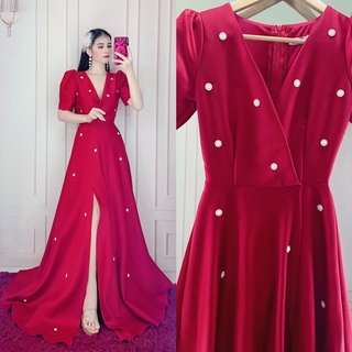  HOẢ TỐC - Đầm maxi mặc cưới xẻ đùi tay ngắn phồng kết hoa đá toàn thân váy TRIPBLE T DRESS - MS279Y 