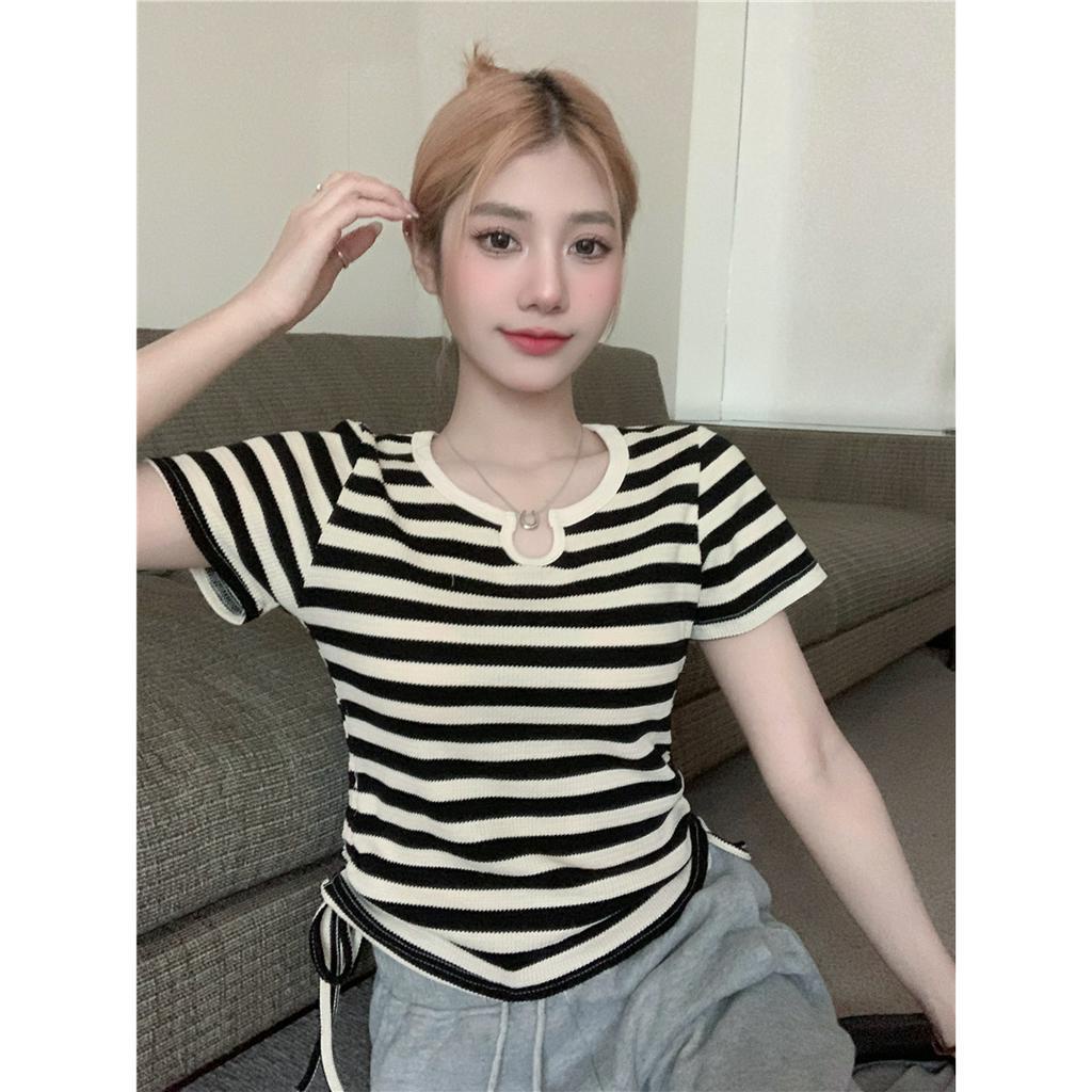 ZHELIHANGFEI Áo Sweater Dáng Ôm Lưng Cao Kẻ Sọc Phối Dây Rút Cá Tính Cho Nữ