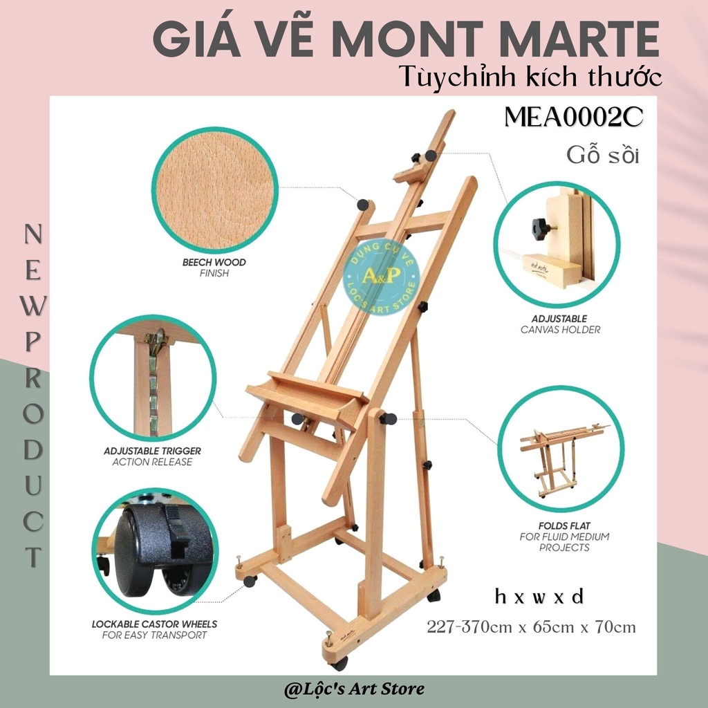 [Lộc'sArtStore] GIÁ VẼ CAO CẤP GỖ SỒI MONTMARTE MEA0002C - TÙY CHỈNH ĐỘ CAO (227-370 cm)