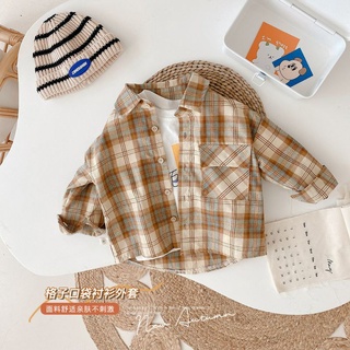 Áo sơ mi caro nâu phong cách Hàn Quốc cho bé trai A016