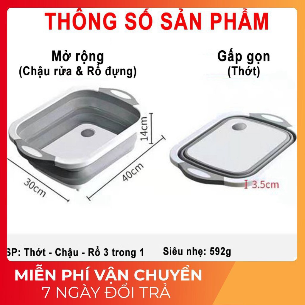 Chậu Rửa Gấp Gọn Kiêm Thớt Đa Năng l Chậu Kiêm Thớt Gấp Gọn Cao Su, Mặt Nhựa Cứng Đồ Dùng Tiện Ích 3 in1