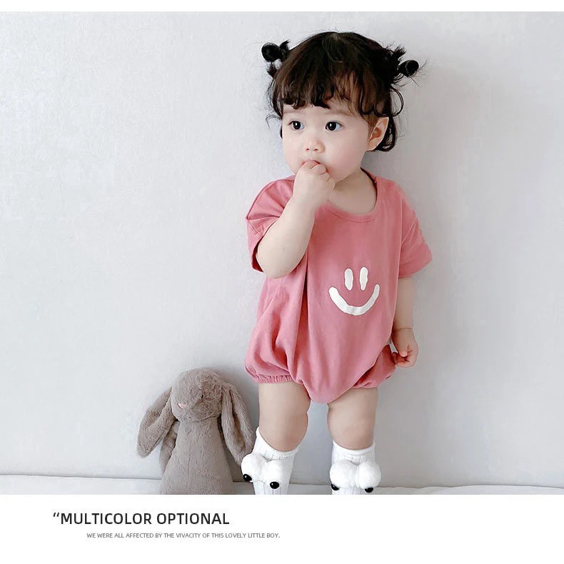 Jumpsuit Tay Ngắn Chất Cotton Hoạ Tiết Mặt Cười Cho Bé 0-3 Tuổi