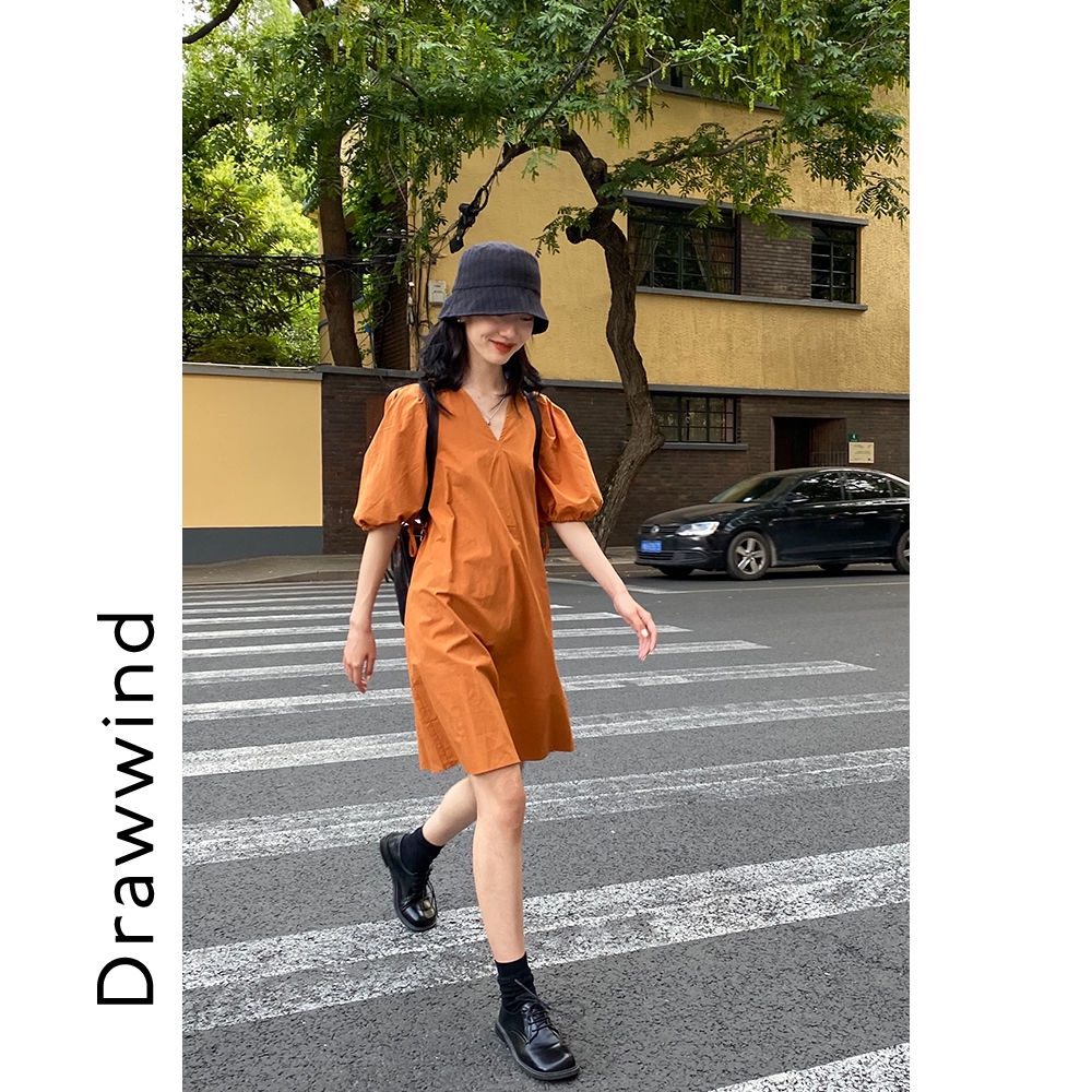 Đầm Nữ Tay Ngắn Cổ Chữ V Phong Cách Vintage