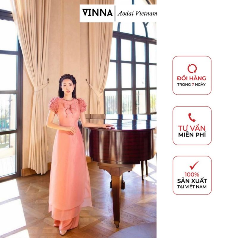 ( Có ảnh thật) Áo dài cách tân 4 tà organza Vân Điệp tay bồng kết đính sang trọng thiết kế thương hiệu thời trang Vinna