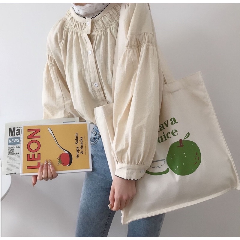 Túi Tote Vải Canvas Đeo Vai Cỡ Lớn Hình Táo Xanh