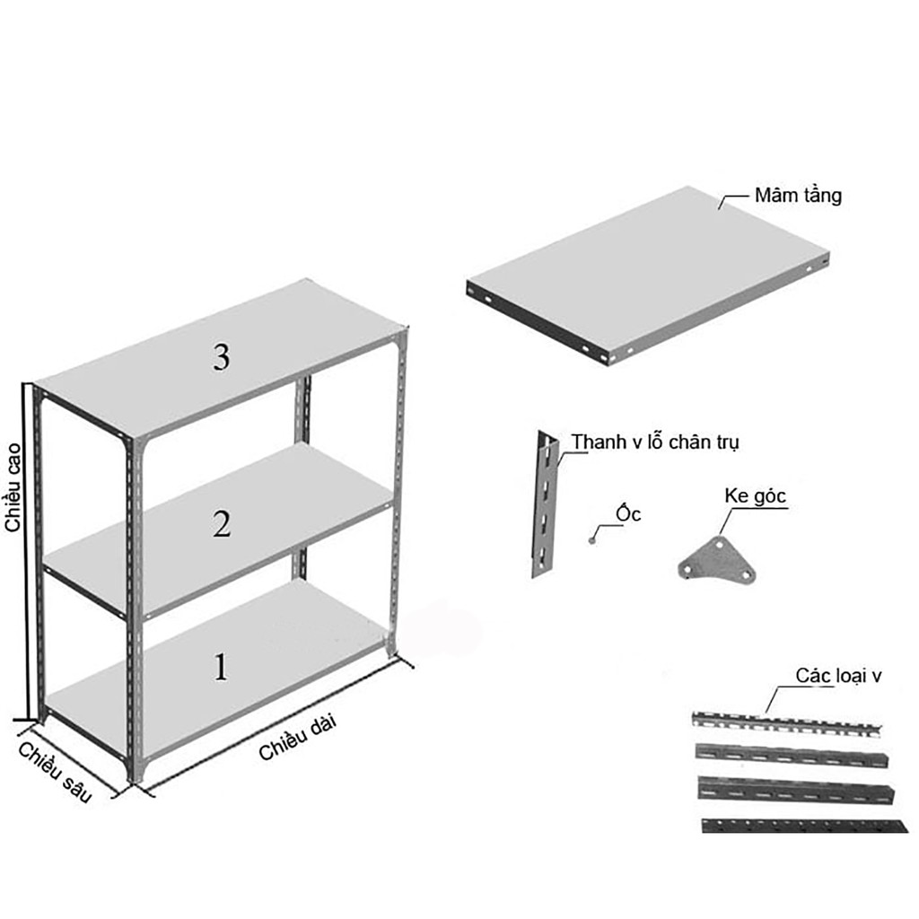 Kệ sắt v lỗ để đồ đa năng 3 tầng dài 1m x rộng 0,5m x cao 1m