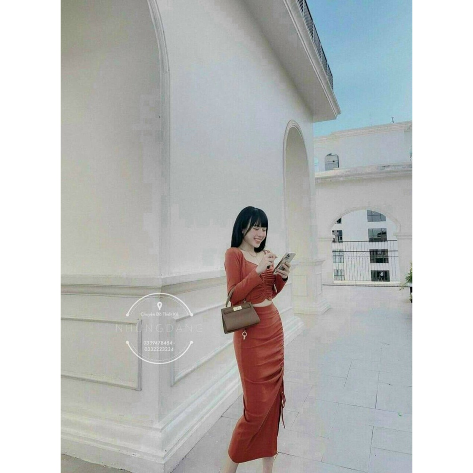 Set đầm rút dây kèm áo khoác chất tăm gân siêu đẹp