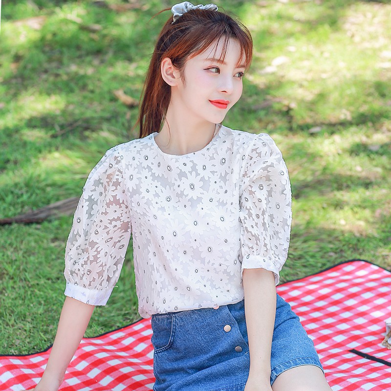Korean Floral Print Cute Casual Blouse Women Summer Lantern Short Sleeve Top White | BigBuy360 - bigbuy360.vn