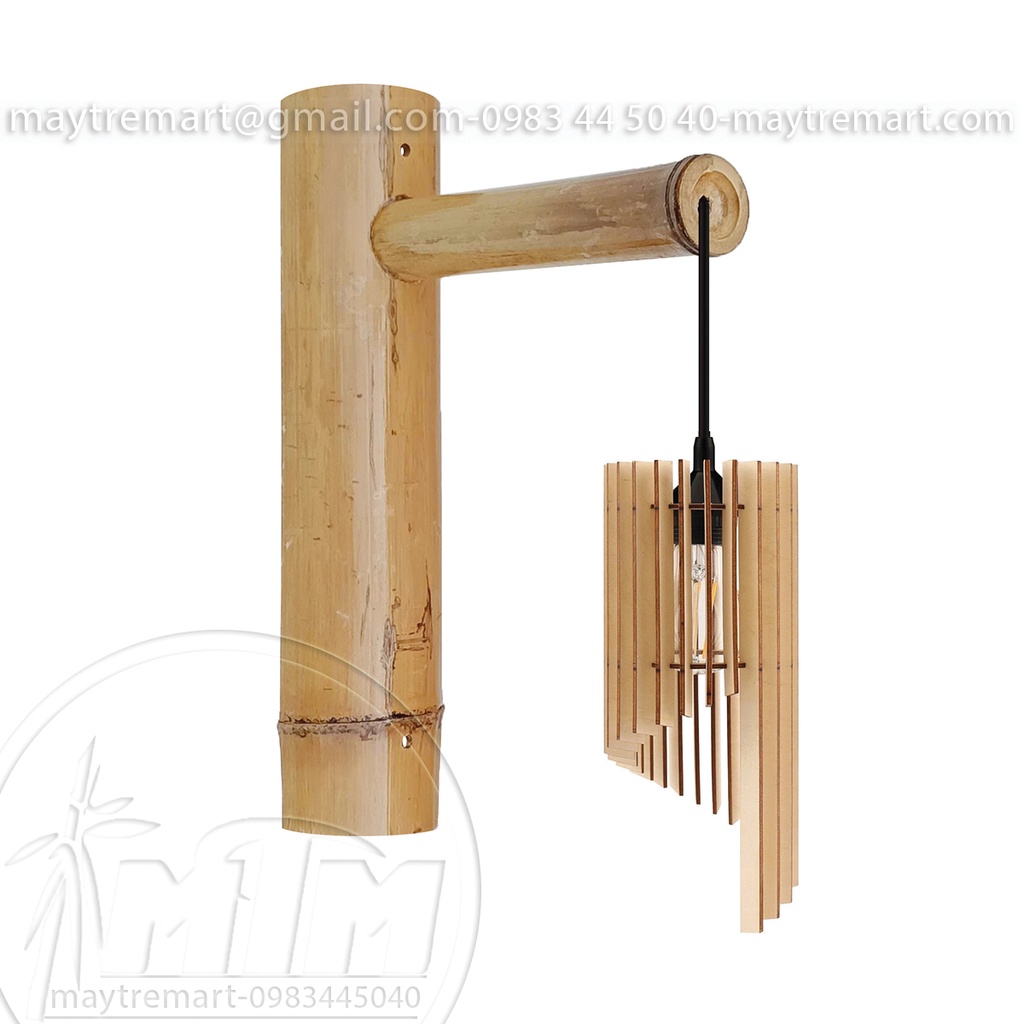 Ốp tre gắn tường thả dây đèn, chụp đèn mây tre, đèn gỗ, đèn sắt.