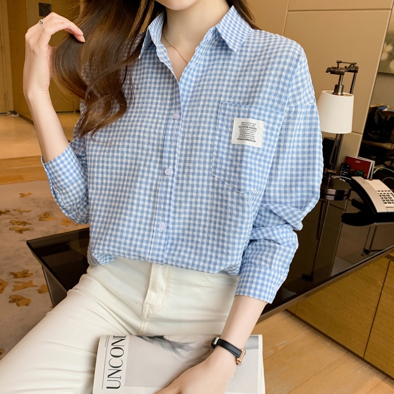 Áo sơ mi caro tay dài có túi phong cách vintage Hàn Quốc cho nữ