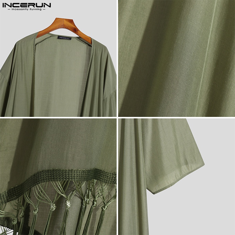 INCERUN Áo Khoác Cardigan Tay 3/4 Dáng Rộng Màu Trơn Phối Tua Rua Thời Trang Mùa Hè Cho Nam Giới 3 Màu Lựa Chọn