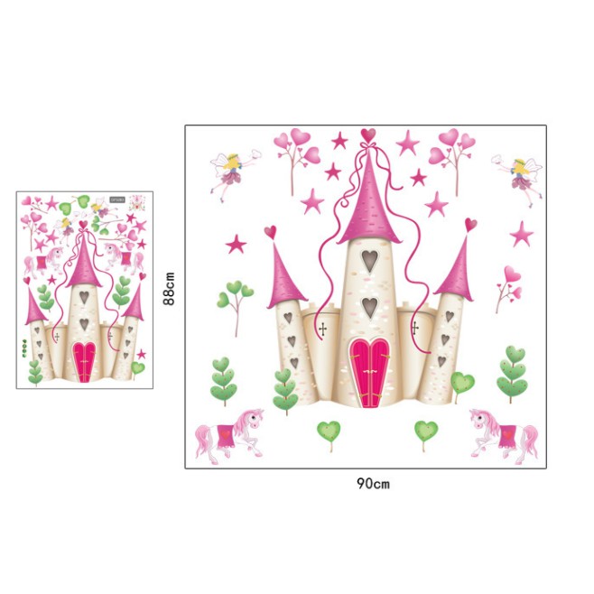 Decal dán tường lâu đài màu hồng và tim nhỏ