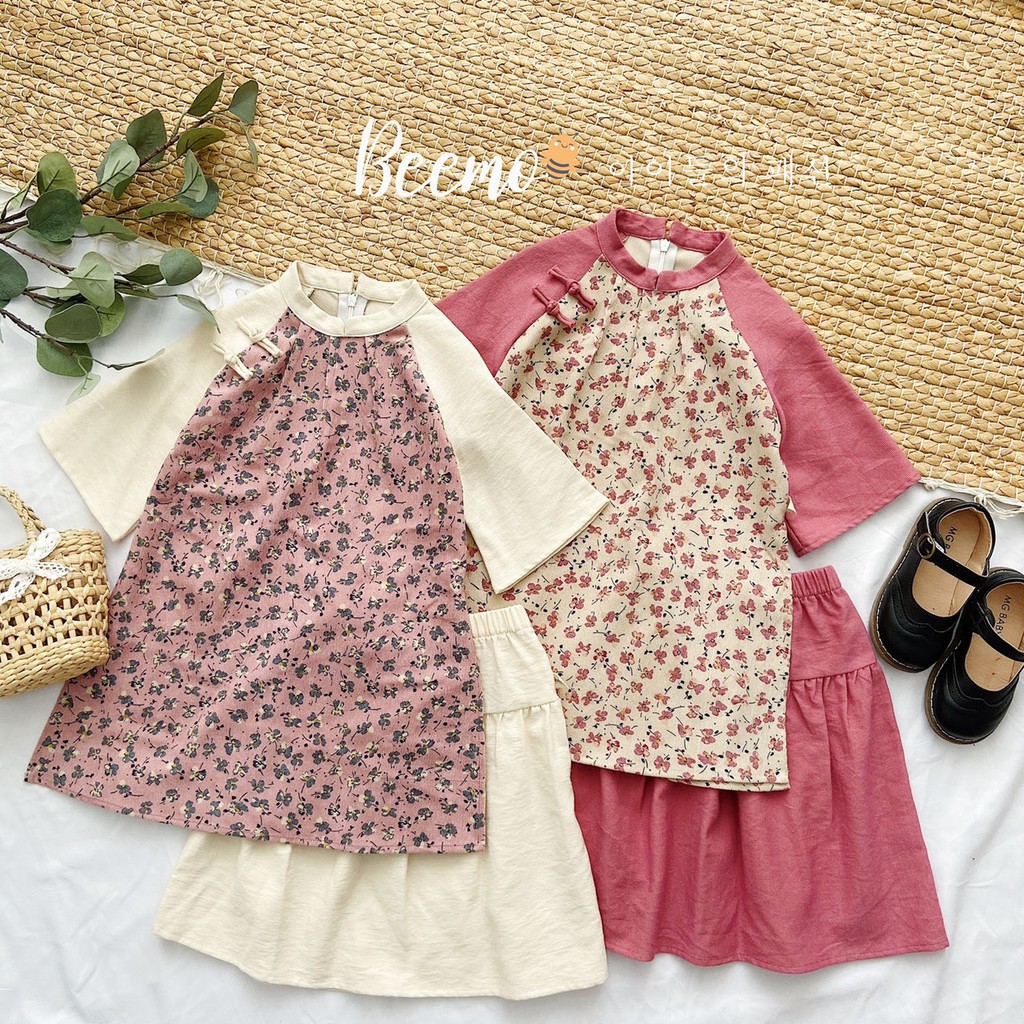 Set áo dài nhung tăm hoa nhí xinh yêu