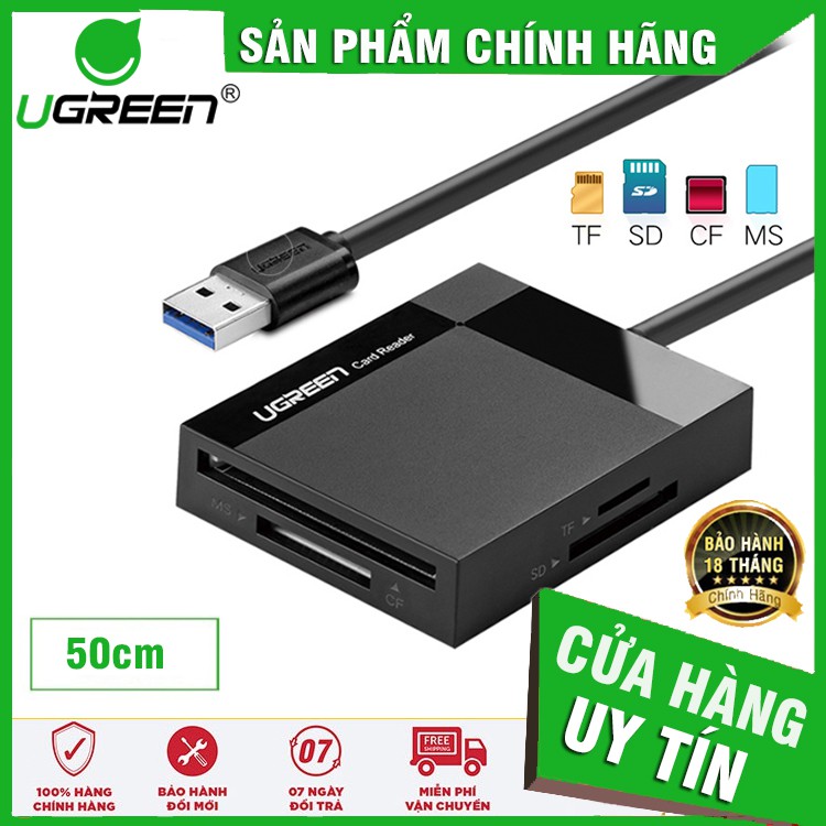 Đầu đọc thẻ USB 3.0 UGREEN 30229 dài 50cm hỗ trợ thẻ TF/SD/CF/MS