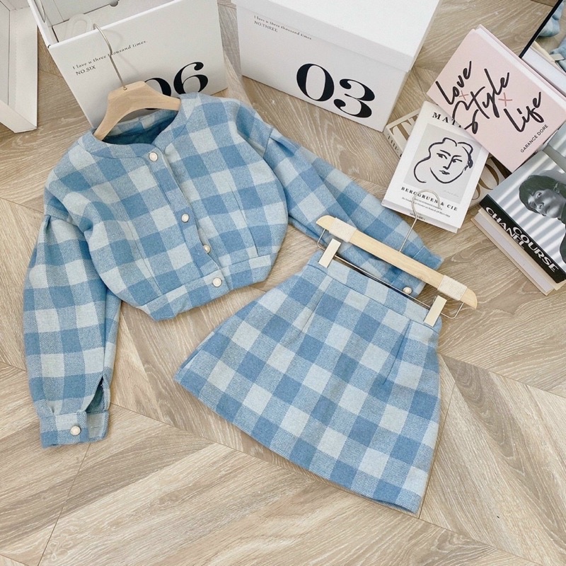 SET DẠ CARO XANH ÁO NÚT CHÂN VÁY 👒👒👒