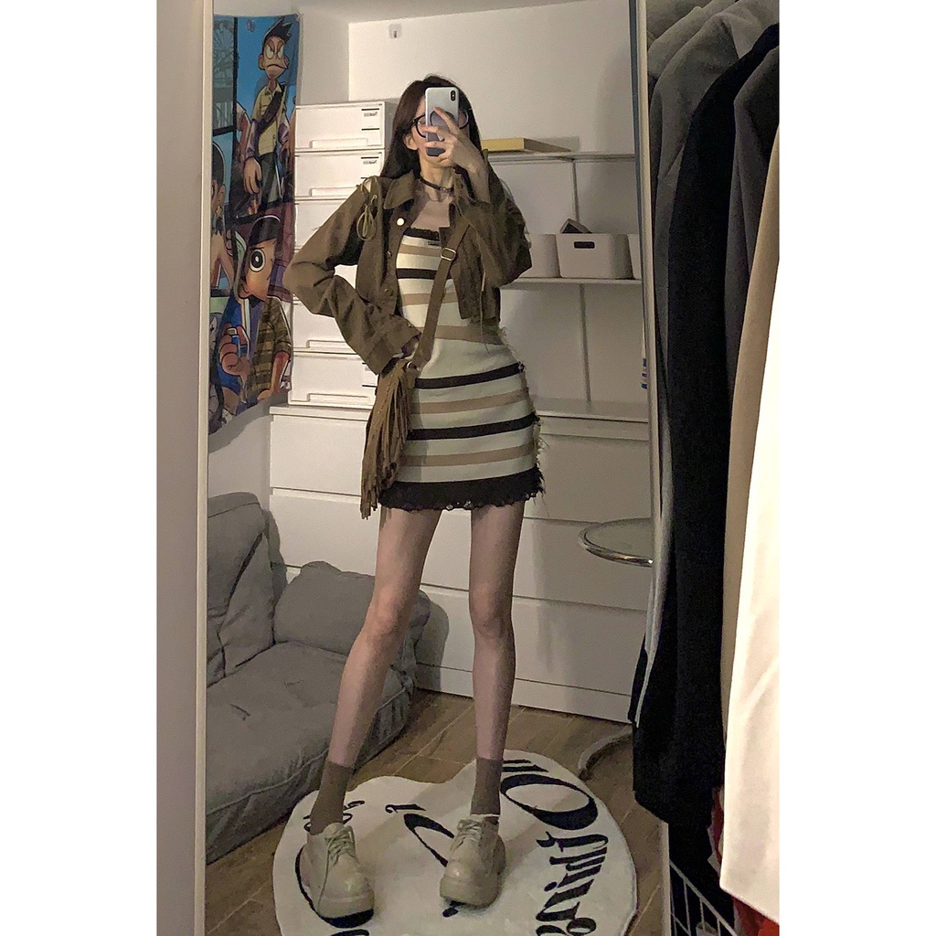 Porozi Áo khoác kaki tay dài/ đầm dáng ôm kẻ sọc  thời trang Hàn Quốc dành cho nữ