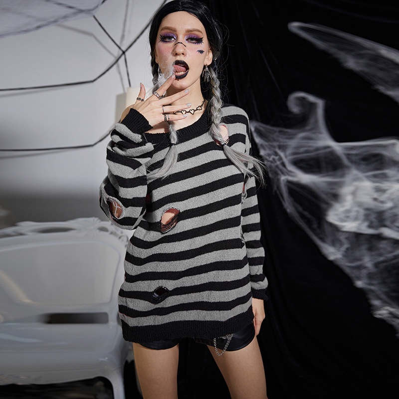 Áo Sweater Cổ Tròn Tay Dài Dáng Rộng Kẻ Sọc Thời Trang Đường Phố Cá Tính Cho Nữ