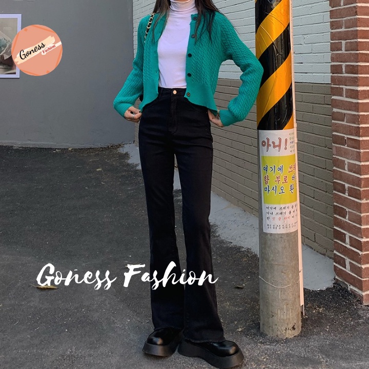 Quần bò ống loe Goness jean nữ retro cạp cao gấu rách màu đen phong cách Ulzzang