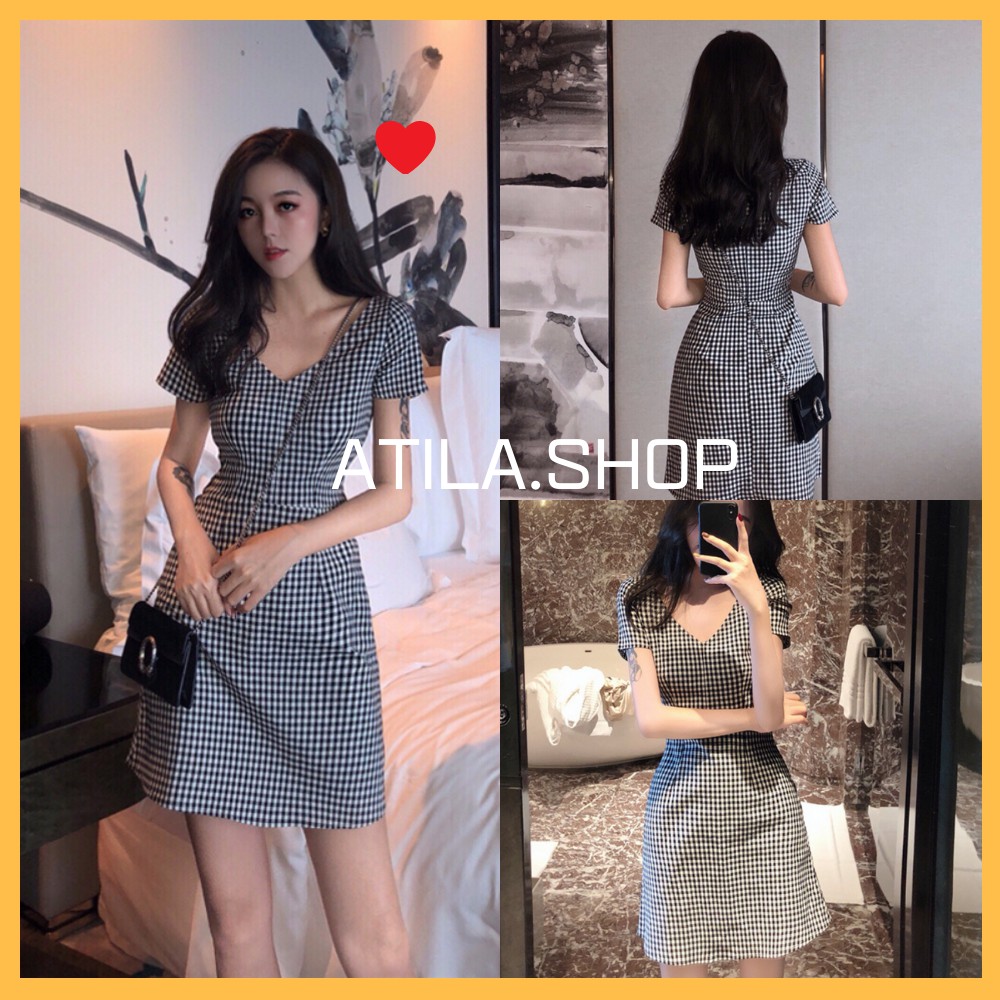 Váy nữ , váy kể caro váy dáng ngắn style vintage , chiết eo nhẹ nhàng ,nữ tính ATILA.SHOP