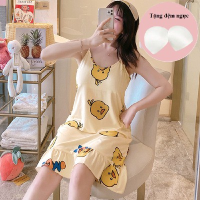 Váy ngủ 2 dây có đệm ngực bigsize TOZZO chất thun cotton cute mềm mát mặc nhà mùa hè dễ thương giá rẻ V2D01