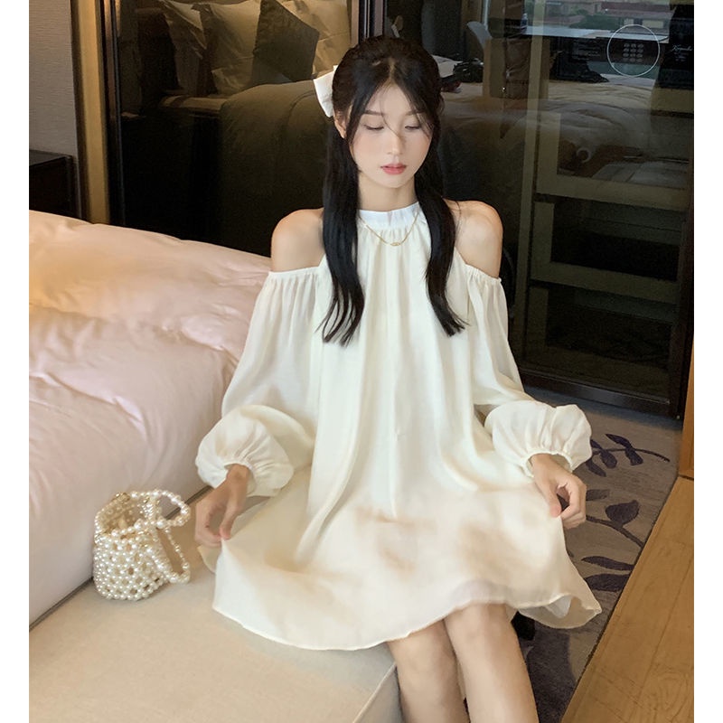 Đầm Chữ A Dài Tay Trễ Vai Phong Cách Hàn Quốc Cho Nữ