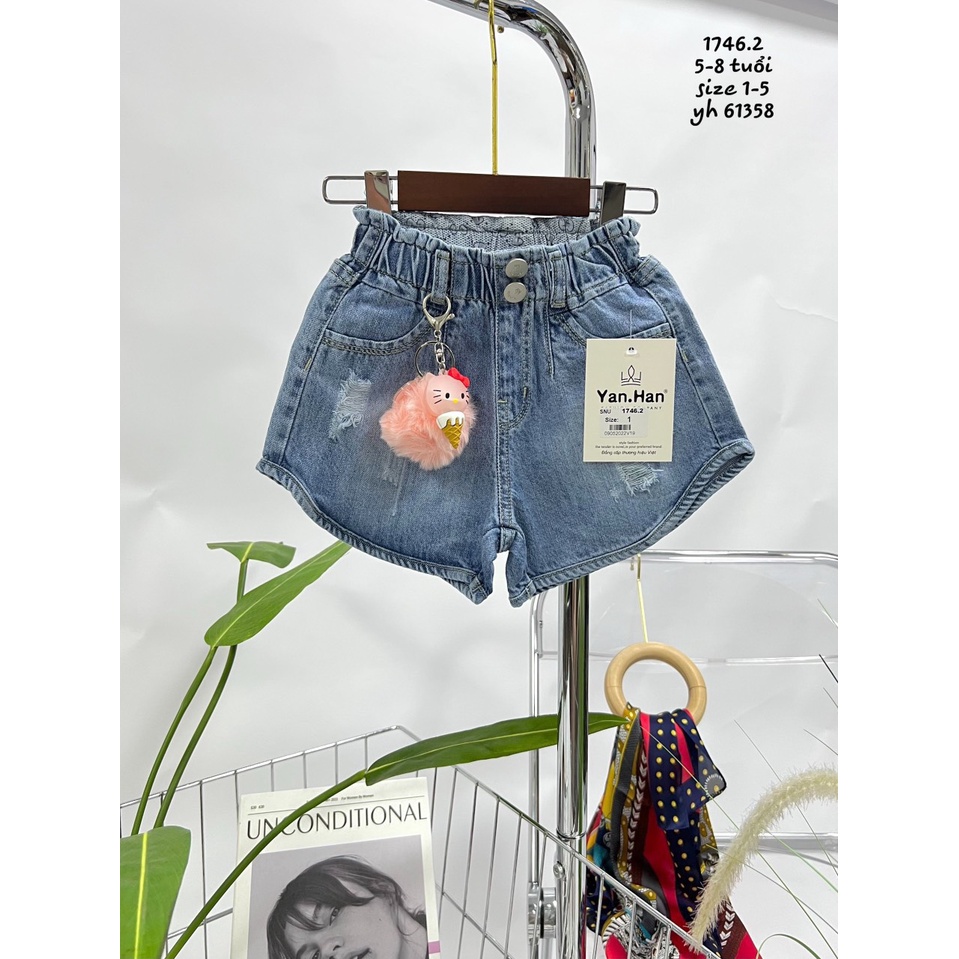SHORT JEAN 2 NÚT KÈM KITTY BÔNG CHO BÉ GÁI