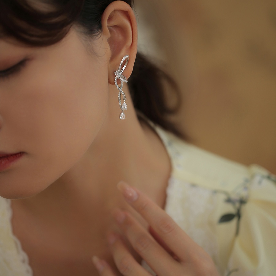 Bông Tai Mạ Bạc 925 Hình Nơ Đính Kim Cương Thời Trang Dành Cho Nữ