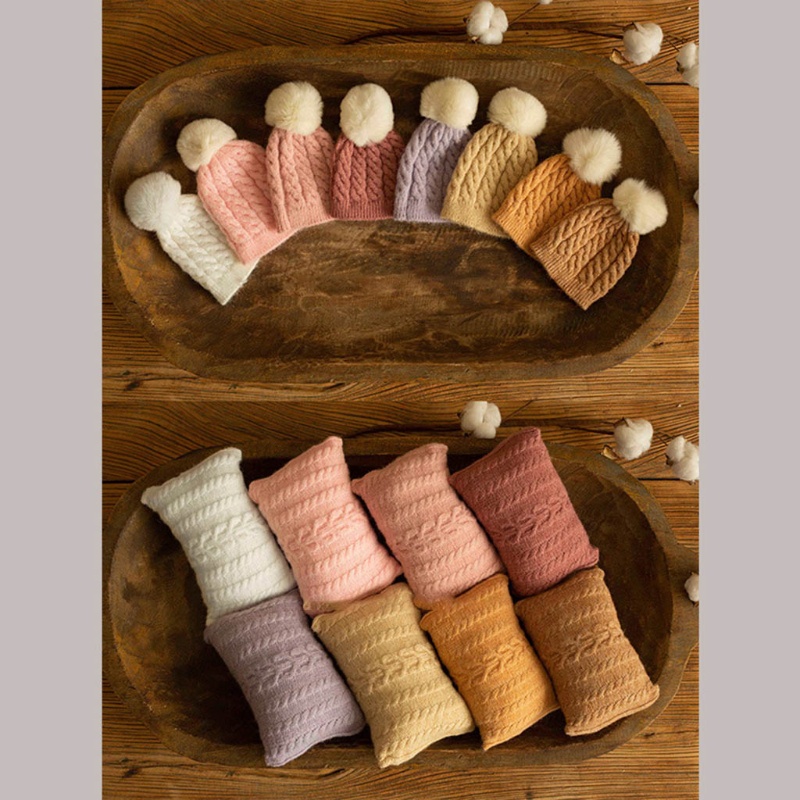 Bộ Phụ Kiện Chụp Ảnh Gồm Mũ Beanie Và Gối Dệt Kim Cho Bé Sơ Sinh